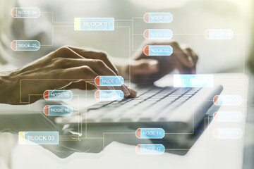 Poster - Double exposure of abstract programming language hologram with hands typing on laptop on background, research and development concept