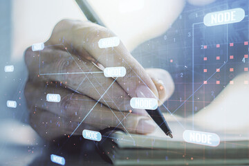 Poster - double exposure of abstract programming language with man hand writing in notebook on background, re