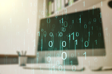 Poster - Creative abstract binary code hologram and modern desktop with pc on background, AI and machine learning concept. Multiexposure