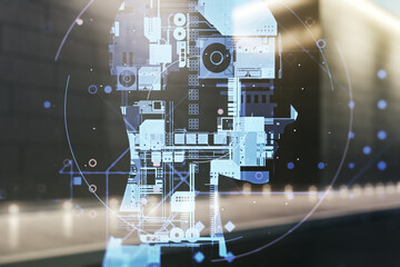 Aufkleber - Double exposure of creative human head microcircuit hologram on contemporary business center exterior background. Future technology and AI concept