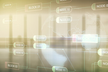 Poster - Abstract virtual coding illustration and world map on modern interior background, international software development concept. Multiexposure