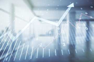 Poster - Abstract virtual financial graph and upward arrow hologram on modern interior background, financial and trading concept. Multiexposure