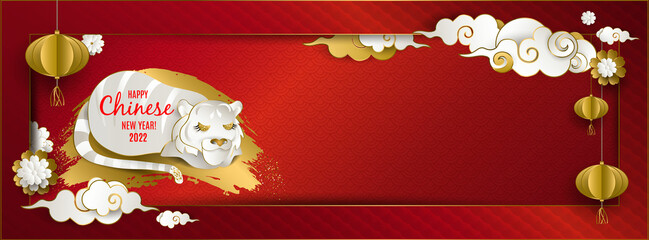 Wall Mural - Happy Chinese New Year 2022 of tiger. Banner: white tiger, clouds, lantern, flowers on red background. For cover social network, card, poster, invitation. Paper style panorama. Vector illustration