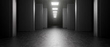 Futuristic Dark Hallway Corridor With Light And Pillars Background 3D Render