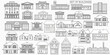 Set of city buildings on a light gray background. Building icons. Outline style.	