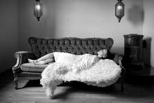 Girl In Angel Costume Sleeping On Sofa