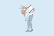 Low energy and tiredness concept. Young stressed tired woman standing with low battery as backpack on back feeling down vector illustration 