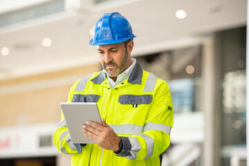 Mature architect using digital tablet at construcion site