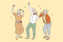 Elderly Mature People Active Lifestyle Concept. Group Of Happy Old Grey Haired Men And Women Dancing Having Fun Enjoying Time Together Vector Illustration 