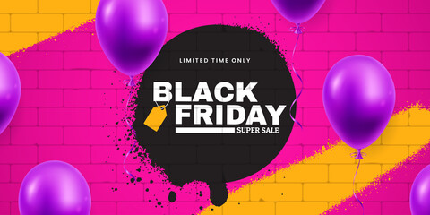 Poster - Black Friday Super Sale horizontal banner design. Brick wall with colored spots of spray paint. Flying helium balloons. Creative background for clearance sale and shopping promotion.