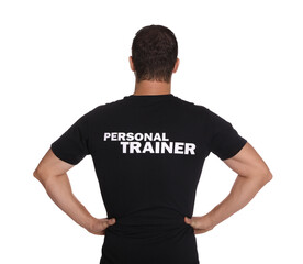 Sticker - Personal trainer on white background, back view. Gym instructor