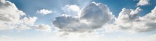 Ornamental Clouds. Dramatic Sky. Epic Storm Cloudscape. Soft Sunlight. Panoramic Image, Texture, Background, Graphic Resources, Design, Copy Space. Meteorology, Heaven, Hope, Peace Concept