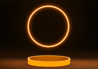 Poster - 3D Rendered Stage Background with Podium and Circle Neon Light. Modern Advertising concept backdrop