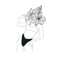 Wall Mural - Abstract Minimalistic Linear Woman Figure With Flowers. Fashion Sensual Vector Illustration Of Female Body In Trendy One Line Style. Design for t-shirts print, poster, tattoo, logo. 