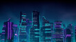 © RocknRoller Studios - Sci-fi Metropolis with Purple and Cyan Neon lights. Night scene with Advanced Architecture.