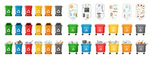 Garbage Bins. Big Set Of Plastic Containers For Garbage Of Different Types. Waste Management Concept. Types Of Waste: Organic, Plastic, Metal, Paper, Glass, E-waste. Separation Of Waste On Cans Vector