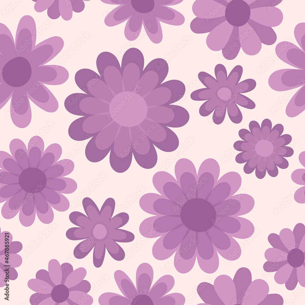 Retro 70s vintage purple floral seamless vector pattern. Bold