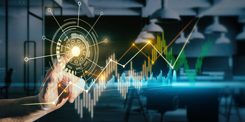 Aufkleber - Close up of businessman hand pointing at ccreative business chart hologram on blurry office interior background. Innovation, finance, trade, future, ai and technology concept. Double exposure.