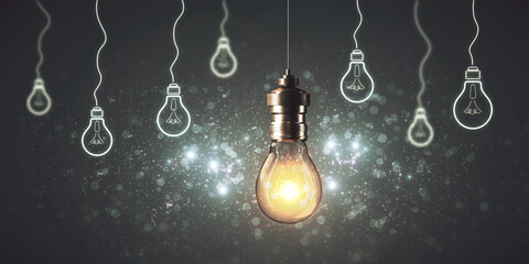 Wall Mural - Abstract light bulbs on dark background. Idea and innovation concept.