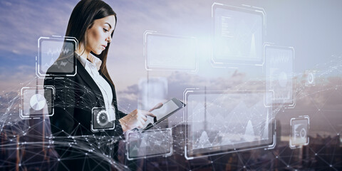 Sticker - Attractive young european businesswoman using tablet with creative business chart hologram on blurry city background. Innovation, finance, trade, future, ai and technology concept. Double exposure.