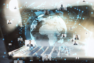 Aufkleber - Close up of laptop at desktop with abstract glowing globe hologram with photo gallery on blurry background. Technology, global media and entertainment concept. Double exposure.