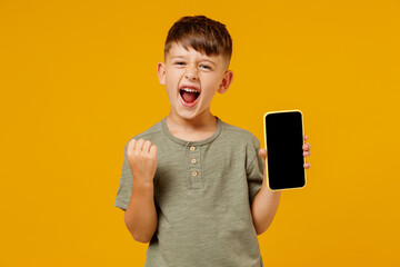 little happy fun boy 6-7 years old in green t-shirt hold use mobile cell phone with blank screen wor