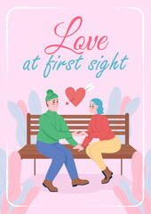 Poster - Dating poster flat vector template. Romantic relationship. Couple holding hands. Brochure, booklet one page concept design with cartoon characters. Love at first sight flyer, leaflet with copy space