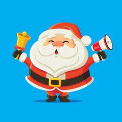 Wall Mural - Merry Christmas. Santa Claus holding bell and megaphone to announce something. Vector character