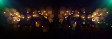 Abstract Blue, Gold And Black Defocused Background. Bokeh Lights