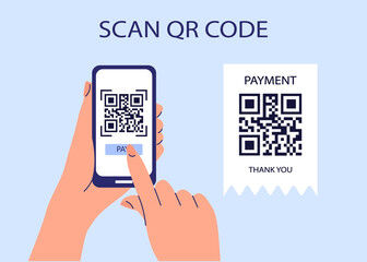 QR code scanning camera hand holding smartphone concept for payment or everything. can use for banner, social media template, landing page