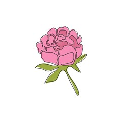 Wall Mural - One continuous line drawing of beauty fresh perennial plant wall decor home art poster print. Printable decorative peony flower for green park icon. Modern single line draw design vector illustration