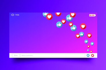 Aufkleber - Mockup multimedia player. Live Streaming with thumbs up and hearts. Web window template social media live stream. Desktop web video player online. Social media concept. Vector illustration. EPS 10