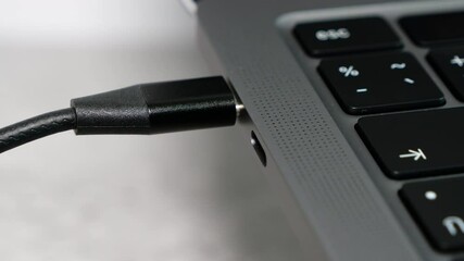 Wall Mural - Close up woman hand plug in USB type C cable into the port on laptop for charging the power