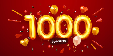 Sticker - 1k or 1000 followers thank you. Golden numbers, confetti and balloons. Social Network friends, followers, Web users. Subscribers, followers or likes celebration.