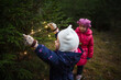 child girl hangs garland with light on live Christmas tree. winter nature fun walk with kids outdoor