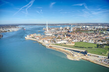 Portsmouth City Aerial With Spice Island Next To The Entrance To The Harbour And The Spinnaker Tower In View. Aerial Photo