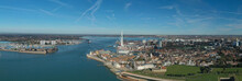 Portsmouth City Aerial Panorama With Spice Island Next To The Entrance To The Harbour And The Spinnaker Tower In View. 