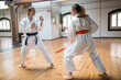 © KAMPUS - Sporty young women at karate training session. Attractive women in white clothes with blue and red belts standing in combative positions, looking at each other. Sport, healthy lifestyle concept