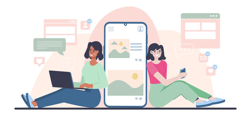 Poster - people with smartphone. two girls communicate through mobile phone. concept of internet, addiction t