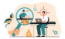 Concept Of Online Crime. Fraudster Chooses Victim, Gullible Person, Inexperienced User. Intruder In Magnifying Glass Looks At Office Worker. Social Media, Internet. Cartoon Flat Vector Illustration