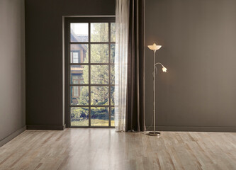 Living room corner grey wall background, windows garden view, lamp, vase of plant, chair and frame style.