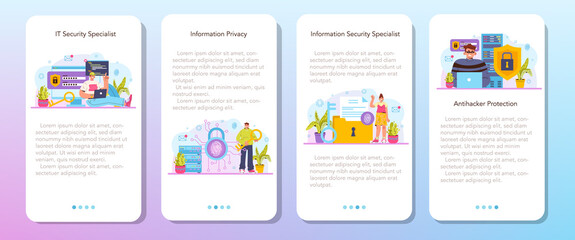 Cyber or web security specialist mobile application banner set. Digital data