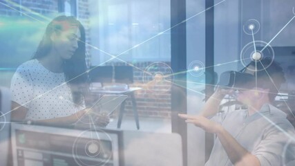Poster - Animation of communication network over female colleagues using tablet and vr headset in office