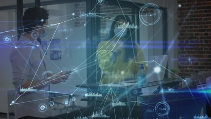 Poster - Animation of network and data over male and female colleague in face masks working in office