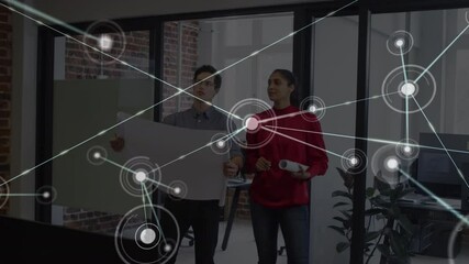 Poster - Animation of communication network over male and female architect talking in office