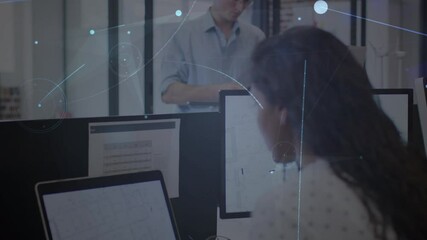 Poster - Animation of glowing network over smiling businesswoman using computers in office