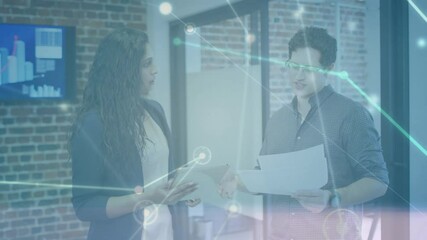 Poster - Animation of glowing communication network over male and female colleague talking in office
