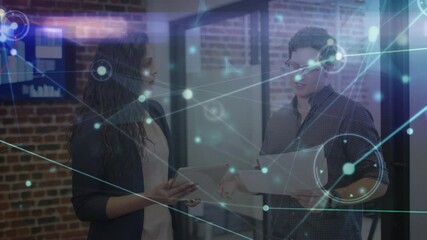 Poster - Animation of communication network over male and female colleague talking in office