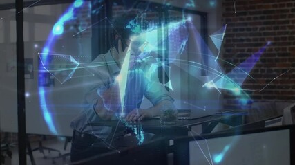 Poster - Animation of glowing global network over businessman using laptop and smartphone in office