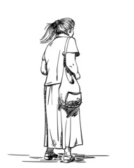 Poster - Sketch of standing aged woman in long skirt with hair in ponytail, Hand drawn vector illustration, View from back